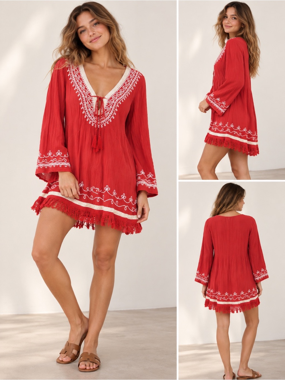 Women's Red Embroidered Long Sleeve Tassel Dress